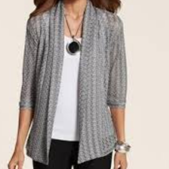 Chico's Travelers Open Front Open Weave 3/4 Sleeve Silvery Luster Mimi Jacket - Picture 1 of 11
